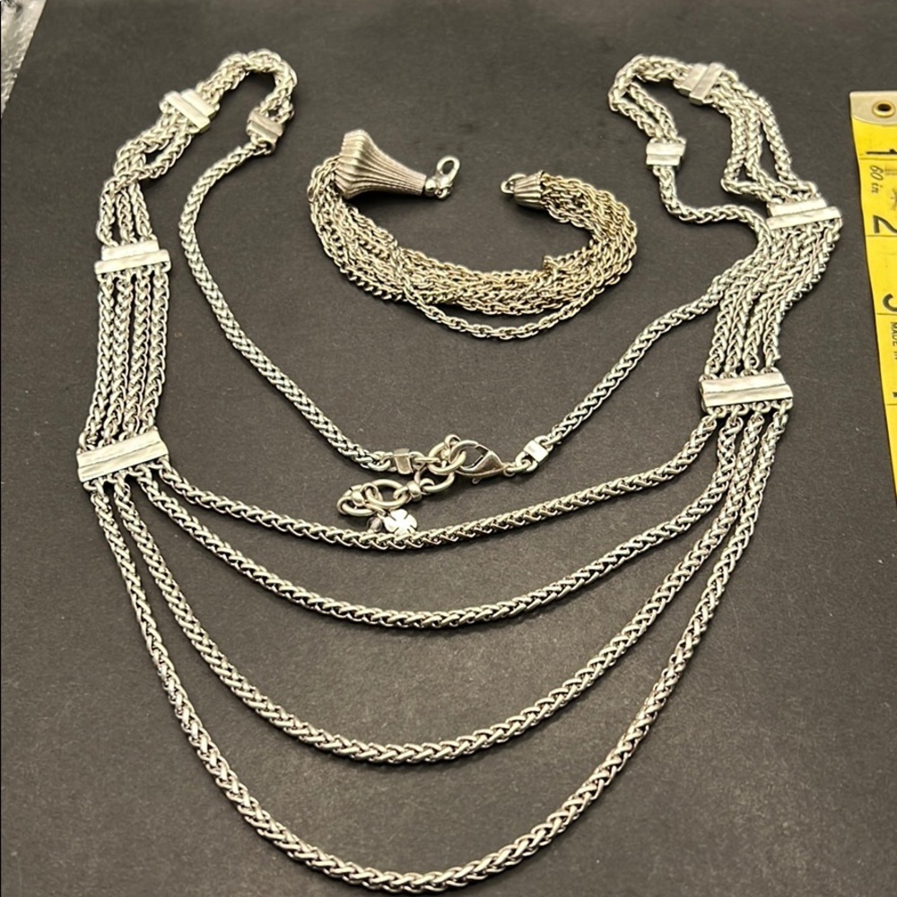 Silver tone layered necklace and chain bracelet